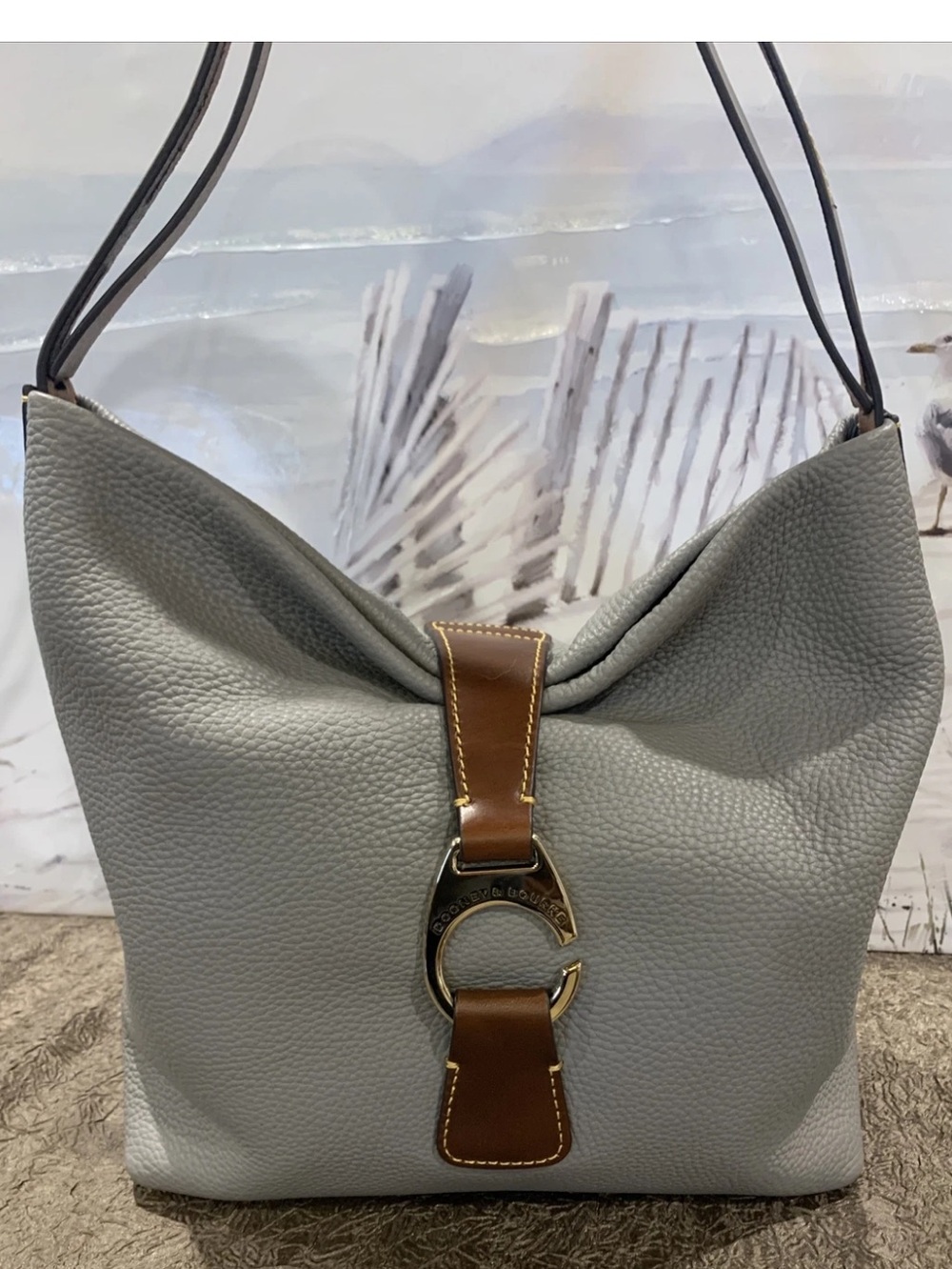 Gray Leather Shoulder Bag with Brown Accent
